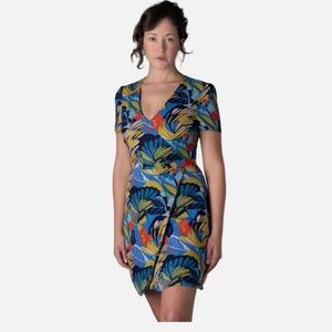 J Crew • Mercentile Blue Tropical Palm Floral Faux Wrap Dress Size 8 EUC
